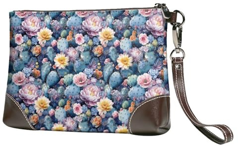 Novastar Small Clutch Purses for Women - Cactus Flowers Print Leather Fashion Wristlet Wallets with Wrist Strap