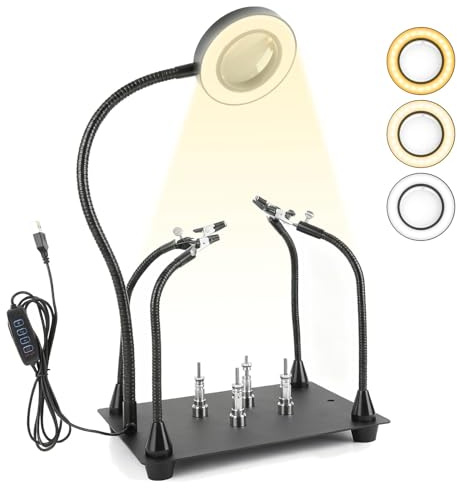 Helping Hands Soldering, Soldering Station with 4 Flexible Arms and 6X Magnifying Glass LED Magnetic Soldering Holders Circuit Board Holder for PCB Repair Soldering Tasks Model Making