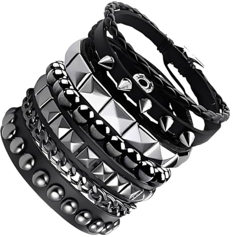 YUVKIN 4 pezzi Unisex braccialetti in pelle nera punk rock, gotici, con borchie e punte, vintage, per uomini e donne, steampunk anni '80, accessori moda, braccialetti regolabili per Halloween (Nero)
