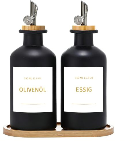 Raddile Essig und Ölflaschen Set, 2 Stück 350ml Ölflasche, Olivenöl Flasche mit 22 Aufkleber, Automatisches Öffnen und Schließen Glas Ölspender für Kochen, Salat und Grillen (Schwarz)