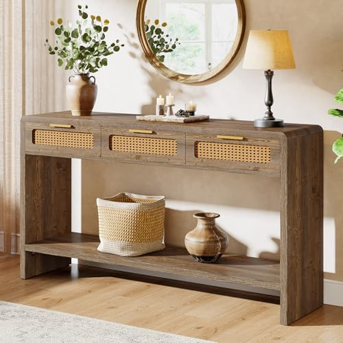 Tribesigns 140 cm konsolbord, hallbord med 3 rottinglådor, smalt soffbord med 2-stegs öppet förvaringsfack, sidobord trä för vardagsrum, hall, foajé, ingång, brun