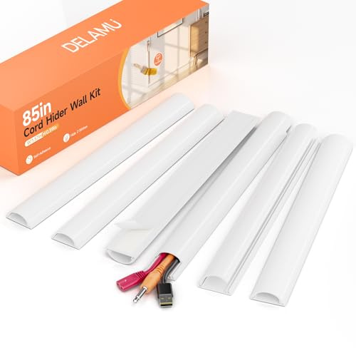 Delamu W40xH15 mm Kabelkanal Selbstklebend Weiß, 6 Stück | Kabelkanal Weiß Selbstklebend Halbrund, PVC Kabelkanäle Flach für tv, Kabelleiste fußboden, Bodenkabelabdeckung