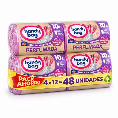 Handi Bag Bolsas de Basura Perfumadas Especial Baño 10 L – Pack Ahorro 4 x 12 | 48 Unidades | Resistente, Antigoteo, 100% Reciclado | RASMACOR