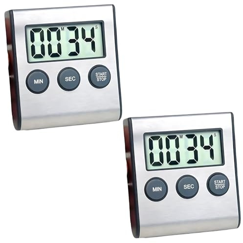 Menibeuty 2 Stück Digitaler Küchentimer Kurzzeitmesser mit großem LCD-Display, Magnetische Eieruhr Stoppuhr aus Edelstahl-Optik, Lauter Alarm Küchenwecker für Kochen, Studium und Sport, Silber