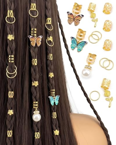 AORHOFJ Gioielli per Capelli con Ciondoli a Farfalla e Perla, 46 Pezzi Fermagli Regolabili per Trecce e Dreadlocks, Accessori Decorativi per Capelli da Uomo e Donna