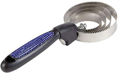 HKM 10264 Federstriegel 4-fach, Striegel Fellentferner Fellkratzer, Strasssteine, blau, st