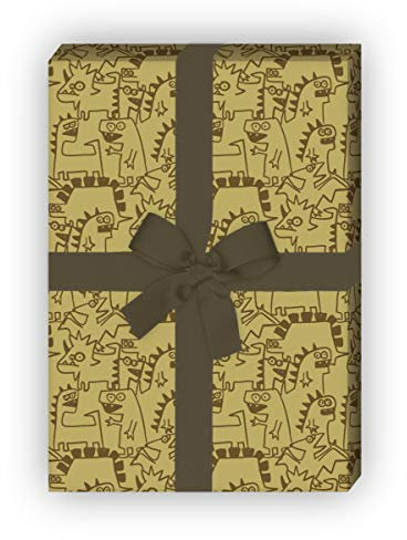 Kartenkaufrausch Monster cooles Geschenkpapier Set mit Doodle Dino Monstern für liebevolle Geschenkverpackung 32 x 48cm, 4 Bögen zum Einpacken für Geburtstage, Kinder, Teenager, braun