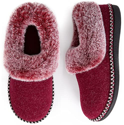 EverFoams Women's Bootie Slippers Warm Soft House Shoes with Fluffy Collar | Memory Foam, Non-slip Indoor, Furry, Fuzzy, Faux Fur, Supportive Rrubber Sole, Outdoor