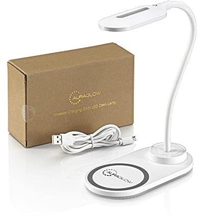 Auraglow LED Flexible Neck Desk Lamp with 3 Colour Modes and 10W Wireless Smart Phone Qi Fast Charger - White - 1 Pack