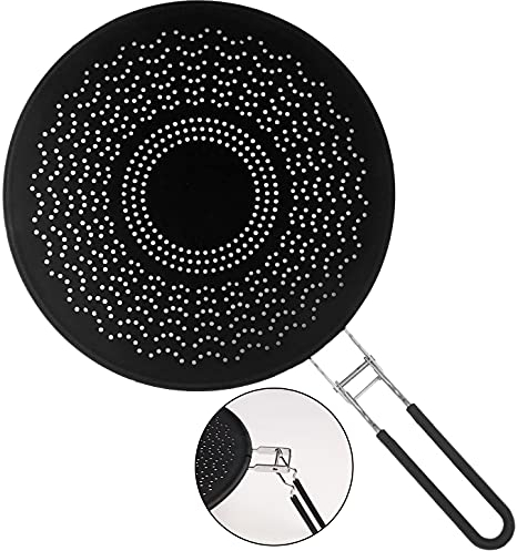 Baker Boutique Premium Silikon Spritzschutz mit klappbarem Griff, hitzebeständige Pfannen-Abdeckung/Sieb, schützt die Haut vor Verbrennungen – Spritzschutz zum Kochen und Braten 33cm schwarz