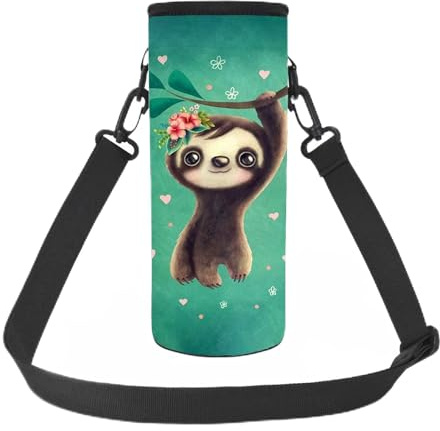 NETILGEN Bouteille d'eau personnalisée pour Enfants, Sac de Transport pour Enfants, Motif Paresseux Mignon, 500 ML ou 750 ML, bandoulière réglable, Compatible avec Bouteilles