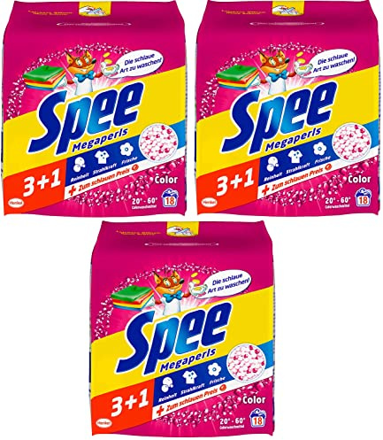 Spee, Megaperls Color 3+1, Colorwaschmittel, 54 (3 x 18) Waschladungen, Reinheit, Strahlkraft und Frische für deine Buntwäsche - zum schlauen Preis