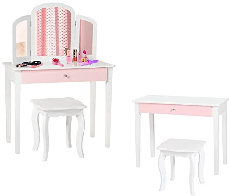 GYMAX Toeletta Bambina, Set Tavolo da Trucco con Sgabello, Specchio Pieghevole e Rimovibile, Portata di 15+30kg, 70x34x95 cm (Bianco)