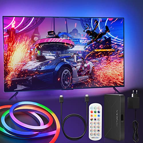 CHMMY TV Hintergrundbeleuchtung RGBIC Neon LED Streifen 4 m HDMI 2.0 Sync Box mit Video & Musik Sync DIY Farbwechsel Lichtleiste für 32-100 Zoll Fernseher und PC für Decke, Küche, Gaming