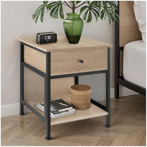 tectake® Mesita de Noche con Rejilla Lateral, Mesa Auxiliar Sofa, Mesitas de Noche, Decoracion Hogar, Mesa Auxiliar Salon, Oficina, Muebles - 46 x 45 x 55,5 cm Madera Industrial Clara, Roble Sonoma