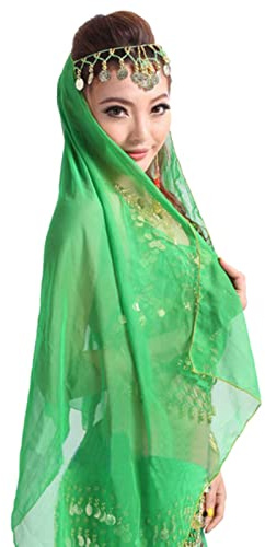 Hotfiary Chiffon Bauchtanz Kopftuch für Frauen mit Münzen Retro Kopfbedeckung Schal Kopfschmuck Bauchtanz Kostümzubehör