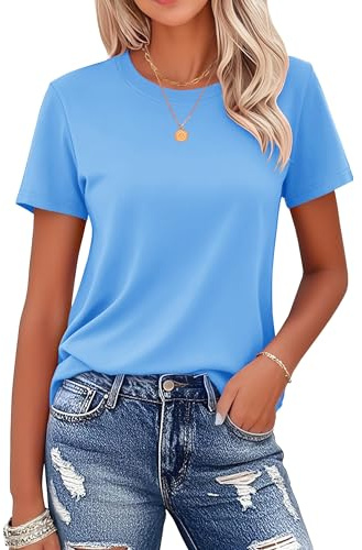 MAGCOMSEN Womens Short-Sleeve Shirt Cotton Crew-Neck Casual T-Shirt Breathable Tees Basic Classic-fit Tops, Waterfall Blue, M
