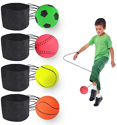 Jastown 4 STK Springball mit Schnur,Ball mit Schnur Kinder, moonball mit Band,Balls on Elastic Rope，Handgelenk Returnball Auf einem Schnurrebound Ball, Wrist Rebound springball