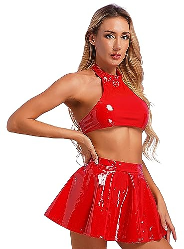 TiaoBug Damen Wetlook Dessous Set Sexy Neckholder Crop Top und Hohe Taille Skater Teller Glocken Rock Lack Leder Optik Gogo Raver Outfit Clubwear