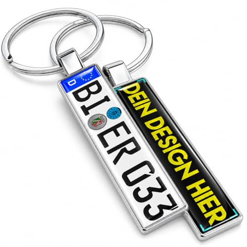 Kennzeichen-Schlüsselanhänger mit Firmenlogo - beidseitig personalisiert mit Logo oder Wunschtext - KFZ Werbeartikel für Autohaus & Fuhrpark Taxi - Personalisiertes Autozubehör als Werbegeschenke