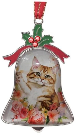 Gixpop Weihnachtsdekoration, Glockenanhänger, dekoratives Metall, Glas, hängende Weihnachtsglocke Klingel, Ornamente für Heimdekoration, Party-Dekor (Katze in Blumen)