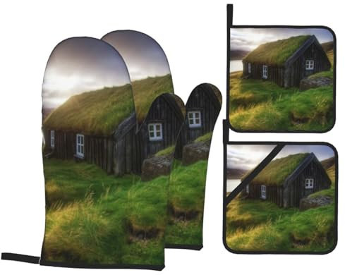 Oven Mitts and Pot Holders Set of 4 Iceland Hut Print Kitchen Oven Glove Fashion Heat Resistant Oven Gloves Set for BBQ Grill Baking Cooking Oven Microwave
