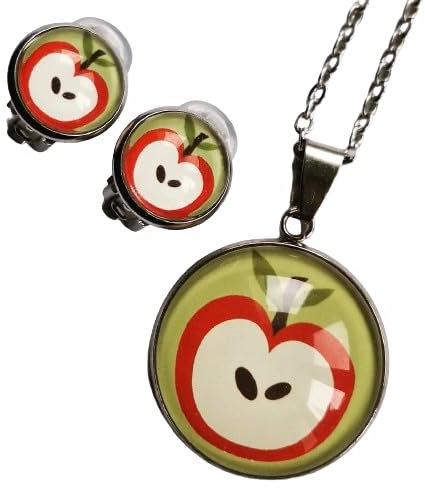 Generisch Schmuckset halber Apfel rot grün Ohrstecker ODER Ohrclips und Halskette mit Anhänger (mit Ohrclips)