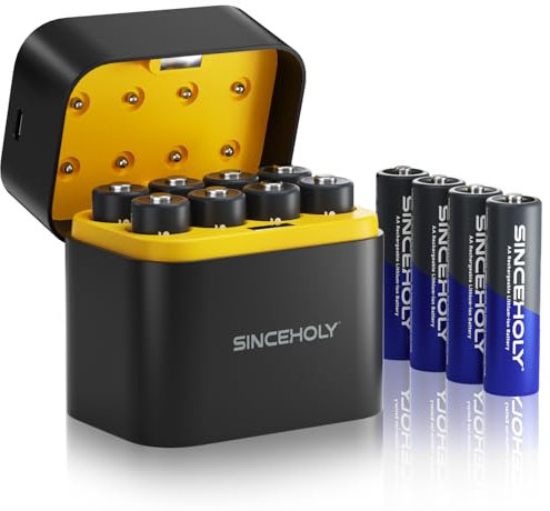 SINCEHOLY 12Pcs 3600mWh Rechargeable AA Lithium Batteries 1.5V with Charger, 8 Bay Individual Battery Charger with Fast Charging