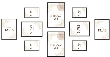 Wackadoo Bilderrahmen Set 10er 2 St, in A4 21x29,7 (DIN A4), 4 St in 13x18, 4 St. In 10x15 cm mit echten Glasscheiben, verschiedene Größen schwarz, photo frame Poster