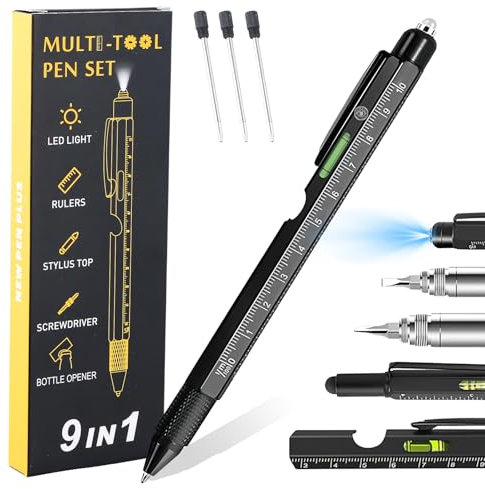 9 In 1 Multifunktions Kugelschreiber, Metall Druckkugelschreiber, Stift Geschenke für Männer, Taktischer Stift mit LED für Herren Vatertag Geschenk, Weihnachts (Schwarz)