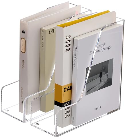 SANRUI Soporte acrílico para archivos, organizador vertical de documentos de 2 ranuras y clasificador de escritorio transparente, divisor de archivos resistente con almohadillas antideslizantes para