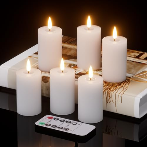 KunSwenn Votive Candles Battery Operated, 6 PCS Real Wax White LED Votive Flemeless Candles with Remote Timer and Flickering 3D Flame, Pillar Candle for Home Wedding Party Decor(1.9” x 4.5”)