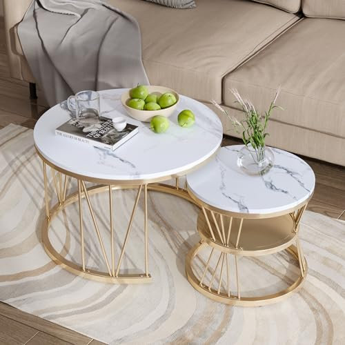 JOROBURO Couchtisch 2er Set, Moderner Couchtisch Rund mit Marmorierung Tischplatte und Goldener Metallrahmen, Satztisch Beistelltisch Sofatisch für Wohnzimmer Home Office, Gold und Weiß