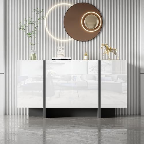 Enfilade Brillant avec 2 Portes et 4 tiroirs Buffet Moderne et Simple pour Salon Salle à Manger Armoire Facile à Nettoyer Armoire Blanche