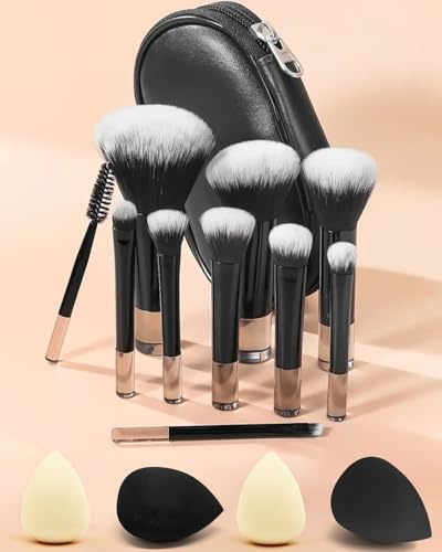 PGRODE Mini Reise-Make-up-Pinsel-Set, 14-teilig, tragbares vollständiges Funktions-Kosmetik-Kit mit Pinseltasche, kurzes Make-up-Pinsel-Set für unterwegs, kleine Reise-Essentials für Frauen, Mädchen