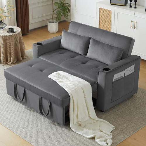 Wiuzo Klappbares Schlafsofa, schlafsofa 2 sitzer mit Schlaffunktion, Sofa mit Getränkehalter und Kissen, Verstellbarer Rückenlehnegeeignet, für Wohnzimmer, Schlafzimmer,Grau 137x76.5x83cm