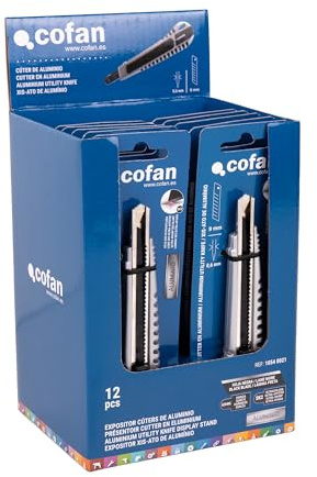 Cofan Expositor de cúteres de aluminio | Incluye 12 cúteres profesionales | Hoja negra SK2 65HRC de 9 mm | Bloqueo automático y cambio rápido