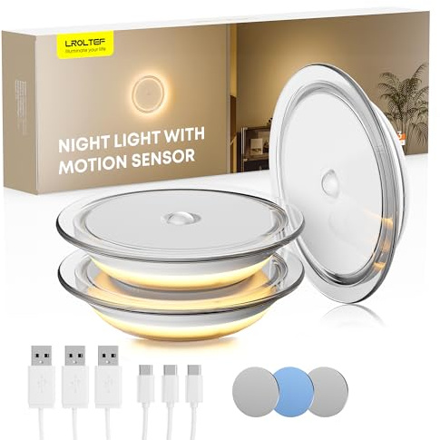 LROLTEF LED Luz Nocturna Retroiluminación con Sensor de Movimiento - 3000K 1200mAh Lámpara nocturna magnética Recargable para Dormitorios, Escaleras, Pasillos | Cubierta transparente 3 Piezas