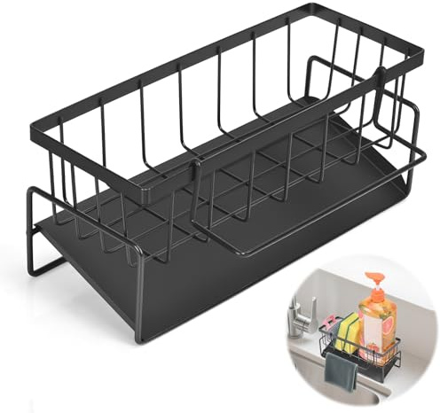 Szaboviktoria Organizador Cocina Fregadero, Soporte Estropajo Fregadero, con Toallero para Trapos, Esponjas, Jabón, Productos de Limpieza, Negro