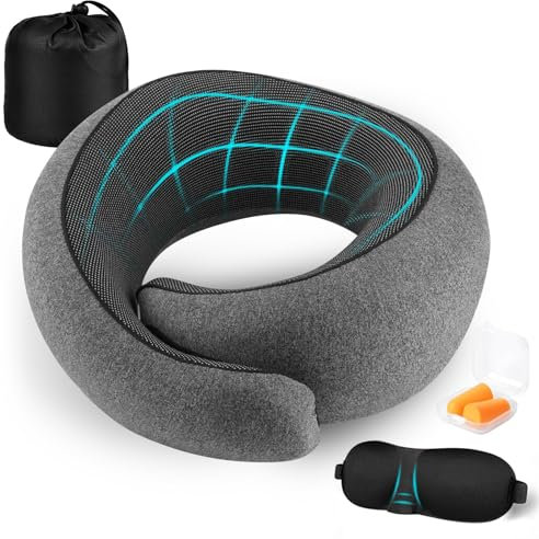 GOLXUWO Nackenkissen Flugzeug,Memory Foam Orthopädisches Nackenhörnchen Kompakter Reisekissen für Lange Flüge Mit 3D-Schlafmaske und Ohrstöppfen,Ihr Essentialer Reisebegleiter