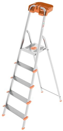 COLOMBO Scala Pieghevole in Alluminio 3/4/5/6/7/8 Gradini – Struttura Robusta, Ampia Piattaforma, Gradini Senza Rivetti e Vaschetta Portautensili – Portata 150Kg, Conforme EN131 TÜV-GS – Made in Italy