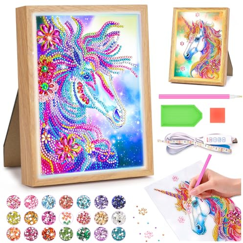 Diamond Painting Kinder Einhorn Nachtlicht Bilderrahmen Geschenke Mädchen 5 6 7 8 9 10 11 Jahre , Bastelset Kinder 6 Jahre Basteln Mädchen 5-6-7-8-9-10 Jahre für Spielzeug ab 6-5-8-7-10-Jahre-Mädchen