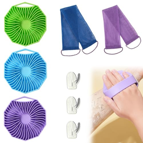 3 Pack Silicone Body Scrubber,Silicone Shower Scrubber,Exfoliating Handheld Brushes, Body Back Loofah Scrubbers Set,with 2 African net Sponge,3 Acrylic Hook,for All Skin Type