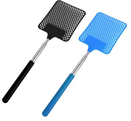 AQSQWQ Tapette à Mouche, 2 Tapetteà Mouches Extensible, Lutte Antiparasitaire Manuelle, Portable Tapettes Anti Moustique pour Insectes, Tapetteà Mouche Telescopique en Acier Inoxydable, Noir+Bleu