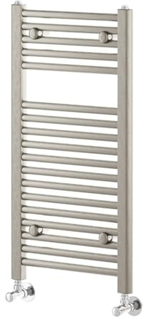 Go Bathrooms Brushed Nickel Bathroom Towel Radiator Wall Mounted Heated Towel Rail Slim Straight Ladder Design Towel Warmer Brushed Nickel Bathroom Radiator 770mm x 400mm | Newark
