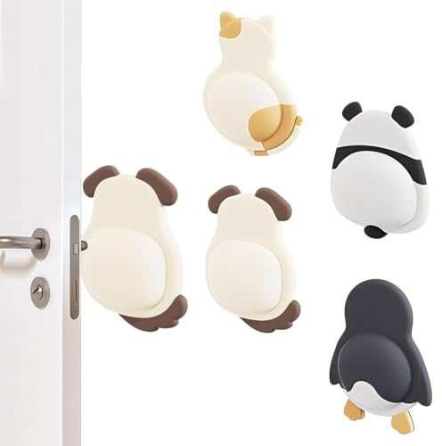 KEWUF 4 Pièces Butée de Porte Murale, Tampon Porte, Tapis Anti chocs En Caoutchouc Souple, Amortissement, Décoration, Silencieux (Épaisseur 14 Mm, Chat, Chien, Pingouin, Panda)