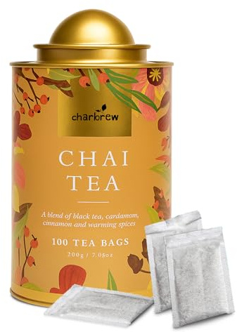 Charbrew 100 Chai Teabags - Rustic Floral Metal Tea Tin | Reusable Caddy with Teabags | Gift for Tea Lovers