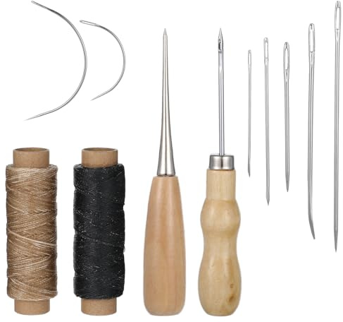 LXUEJIE Leather Thread Leather Needle Set, 2 Rolls Wax Thread with Sewing Needles Sewing Awl Thimble Tear-Resistant Yarn Sewing Awl Saddle Needle Sewing Thread Leather Sewing Set for Leather Crafts