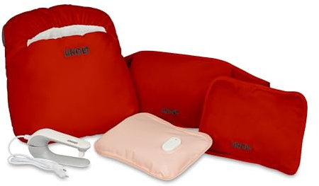Unold 86023 Wärmi Premium Set aus elektrischer Wärmflasche mit Heizgürtel & Fußwärmekissen, wohltuende Wärme für Bauch Rücken Nacken Füße, sichere Handhabung ohne heißes Wasser und Smog bis 65°C Rot