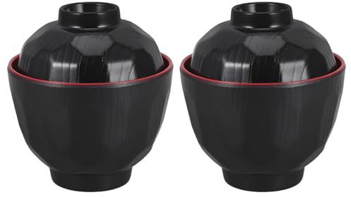 Kichvoe 2 japanische Reisschalen mit Deckel – 180 ml traditionelle Miso-Suppenschale mit Deckel – Asiatisches Küchengeschirr, Serviergeschirr für gekochte Reismehlklößchensuppe, ideal für